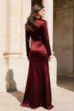 Robe formelle à manches longues en satin bordeaux à col en V