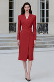 Robe de travail midi Red Sheath Peak Lapel avec fente