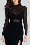 Robe formelle noire à fourreau à col montant à manches longues avec fente