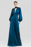 Robe formelle en satin à col en V à col en A bleu foncé avec manches longues