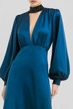 Robe formelle en satin à col en V à col en A bleu foncé avec manches longues