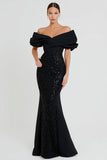 Robe longue de cérémonie longue à paillettes sirène noire à épaules dénudées