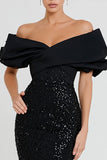 Robe longue de cérémonie longue à paillettes sirène noire à épaules dénudées