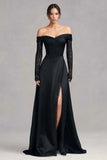 Robe formelle noire en satin sirène à épaules dénudées, manches longues
