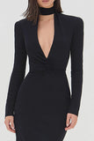 Robe formelle sirène noire à manches longues à col V