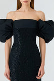 Robe longue formelle longue à manches bouffantes en forme de sirène noire à paillettes dégagées