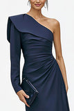 Robe formelle sirène à manches longues à une épaule bleu marine