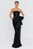 Robe formelle longue en sirène noire à sequins sans bretelles avec nœud