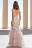 Robe longue à fleurs à col en V perlée en sirène rose avec volants