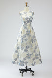 Robe longue bleu poussiéreux ligne A en jacquard fleuri avec poches
