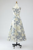 Robe longue bleu poussiéreux ligne A en jacquard fleuri avec poches