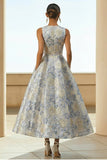 Robe longue bleu poussiéreux ligne A en jacquard fleuri avec poches