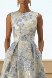 Robe longue bleu poussiéreux ligne A en jacquard fleuri avec poches
