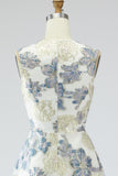 Robe longue bleu poussiéreux ligne A en jacquard fleuri avec poches