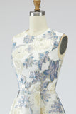 Robe longue bleu poussiéreux ligne A en jacquard fleuri avec poches