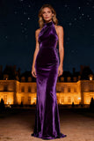 Robe formelle longue en velours violet à dos nus