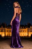 Robe formelle longue en velours violet à dos nus