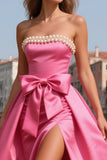 Robe de bal de bal rose vif rose vif sans bustier avec des perles