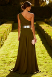 Robe Maxi en mousseline olive à une épaule