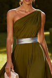 Robe Maxi en mousseline olive à une épaule