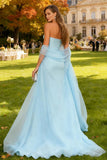 Robe formelle longue sirène sans bretelles bleu ciel avec ceinture