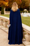 Longue robe formelle en sirène florale bleu marine avec cape
