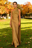 Robe formelle longue sirène à col haut, kaki, avec cape latérale