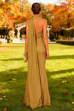 Robe formelle longue sirène à col haut, kaki, avec cape latérale