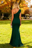 Robe formelle longue sirène vert foncé à une épaule avec fente