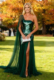 Robe formelle longue à paillettes vert foncé scintillante à paillettes à une épaule