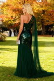 Robe formelle longue à paillettes vert foncé scintillante à paillettes à une épaule