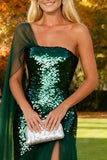 Robe formelle longue à paillettes vert foncé scintillante à paillettes à une épaule