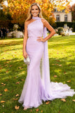 Robe formelle longue en forme de sirène violet clair avec cape latérale