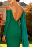 Robe longue de cérémonie sirène asymétrique verte scintillante avec ruban latéral