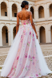 Robe de bal longue perlée rose scintillante sans bretelles