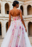 Robe de bal longue perlée rose scintillante sans bretelles