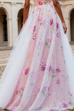 Robe de bal longue perlée rose scintillante sans bretelles