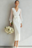 Leely Women White Long Sleeves Registry Wedding Dress with Bow V-Neck Sheath Engagement Dress