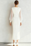 Robe de mariée blanche à manches longues à fourreau en V avec nœud