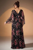 Robe de la mère de la mariée à manches longues à manches longues rose rose noire florale