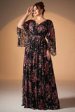 Robe de la mère de la mariée à manches longues à manches longues rose rose noire florale