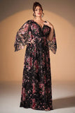 Robe de la mère de la mariée à manches longues à manches longues rose rose noire florale