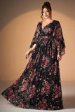 Robe de la mère de la mariée à manches longues à manches longues rose rose noire florale