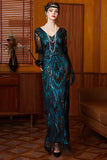 Robe longue des années 1920 à paillettes noire bleue