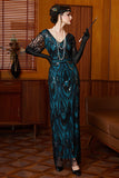 Robe longue des années 1920 à paillettes noire bleue