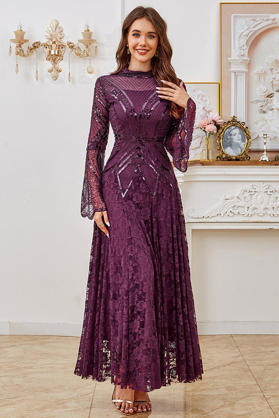 Robe Mère De La Mariée à Manches Flottantes Dentelle Paillettes - Robe Soirée Longue Formelle YIANN