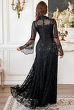 Robe noire à manches longues perlée en dentelle en forme de mère de la mariée