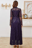 Robe noire à manches longues perlée en dentelle en forme de mère de la mariée
