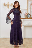 Robe noire à manches longues perlée en dentelle en forme de mère de la mariée