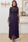 Robe noire à manches longues perlée en dentelle en forme de mère de la mariée